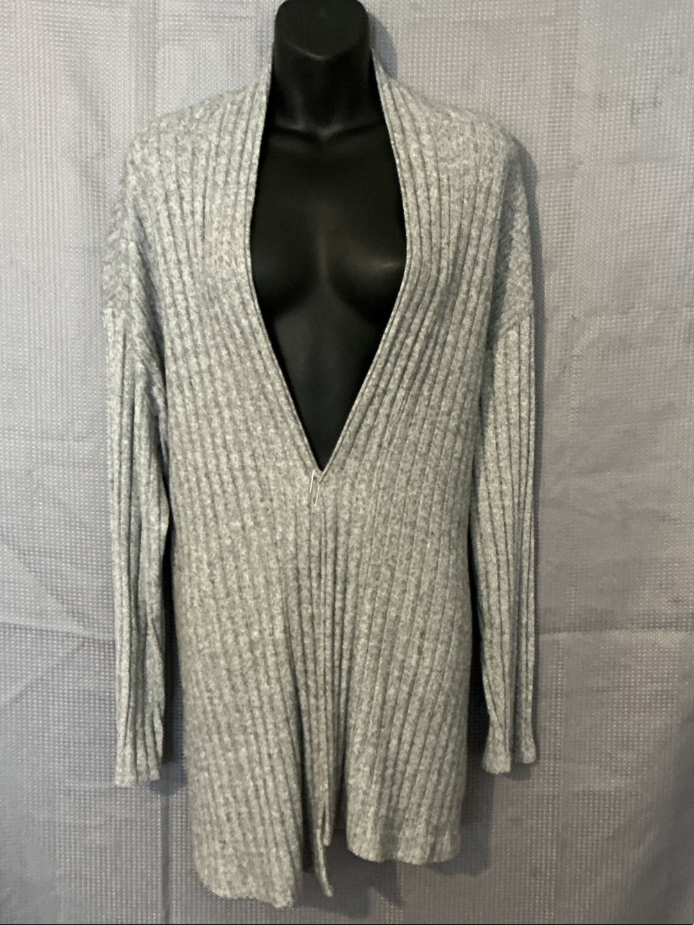 Open Ribbed V-Neck Cardigan - Light Gray